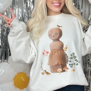 Unisex Cottagecore Sweatshirt, Forestcore with mushrooms and birds, Gremlincore, Nature spirit sweatshirt, Botanical fairy clothing