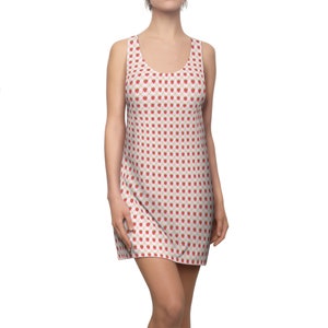 Cute smiling strawberry on plaid with white polka dot, Pink Women&#39;s Racerback Dress (AOP)