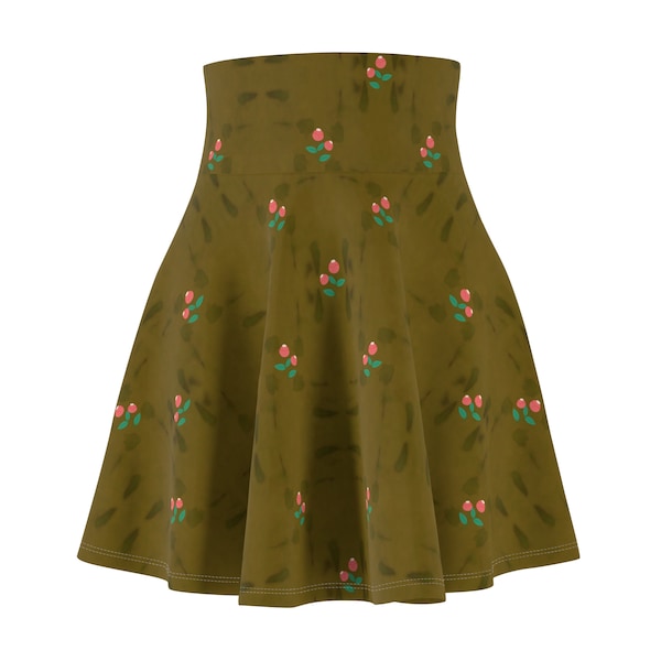 Red berry flower with leaves olive green, khaki women's Skater Skirt. AOP