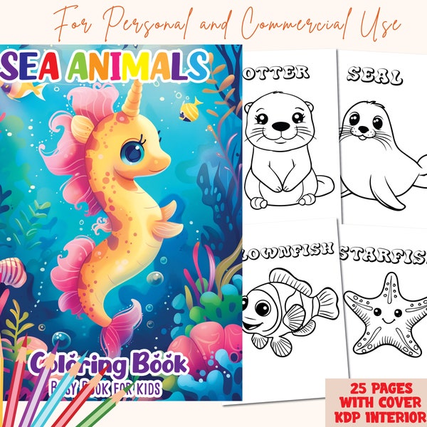 Printable Sea animals coloring pages for kids, activity coloring sheets, busy book, under water coloring page, KDP interior, PLR coloring