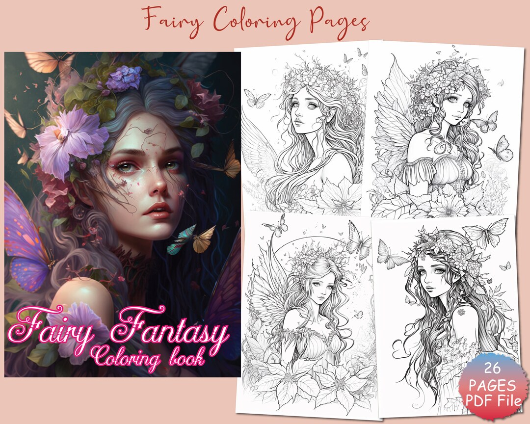 Fairy Fantasy Coloring Pages for Adults, Beautiful Woman With Flowers ...