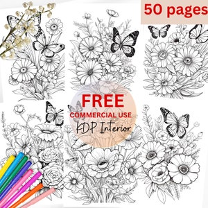 May include: A set of 50 printable coloring pages featuring intricate line drawings of bouquets of flowers with butterflies. The pages are free for commercial use and are perfect for adult coloring books.