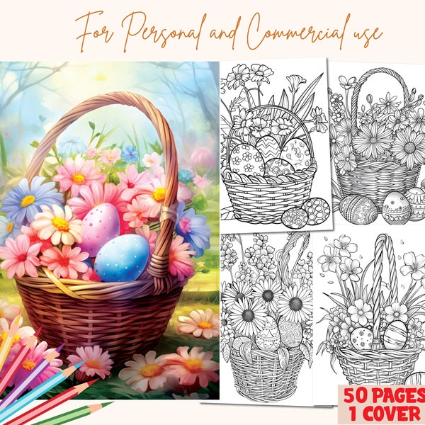 Printable spring basket flowers with easter egg,  coloring pages for kids, activity coloring sheets, spring,  KDP interior, PLR coloring