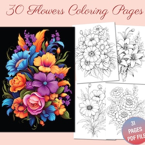 Printable flowers coloring pages for adults and kids, floral coloring book, wild flowers, acitivity sheets, digital coloring page, PDF