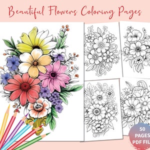 Printable flowers coloring pages for adults and kids, floral coloring book, wild flowers, acitivity sheets, digital coloring page, PDF