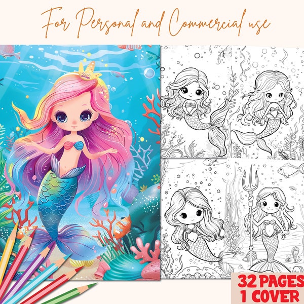 Printable cute chibi mermaids coloring pages for kids and adults,underwaterscene, KDP interior, fish, PLR coloring book page, commercial use