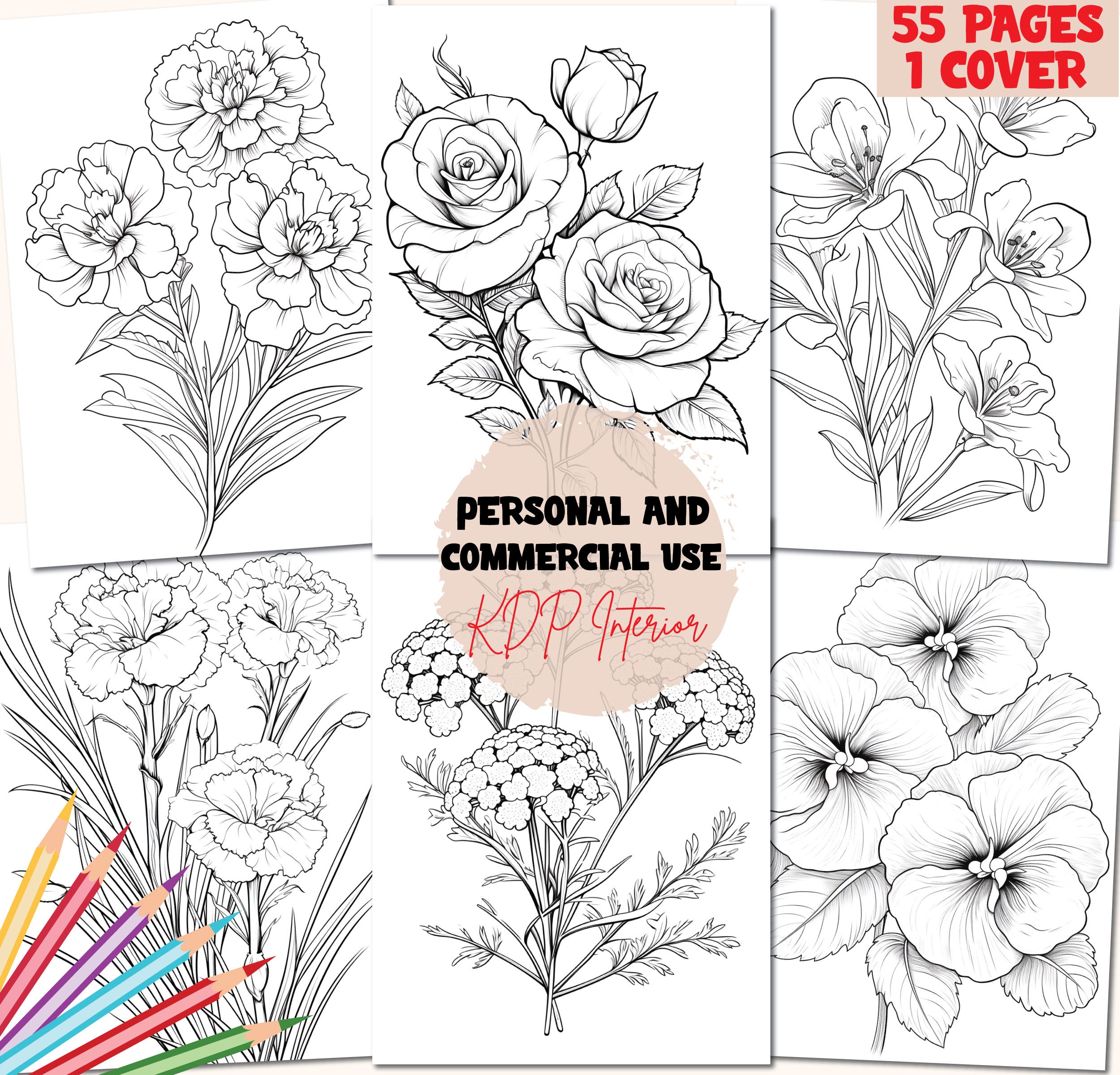 Printable Large Print Flower Coloring Pages for Kids and Adults, Floral ...