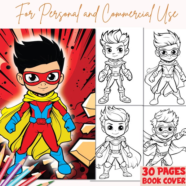 Printable Superhero coloring book for kids, coloring pages, Superheroes PNG, Busy book, boys coloring, KDP interior, PLR coloring book page