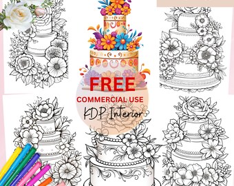 Printable wedding cake coloring pages for kids and adults, flowers, KDP interior, PLR coloring book page, ready to sell, commercial use