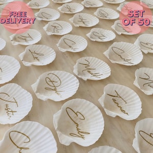 50 marque-places coquillages pour événement | Plaque nominative en coquillage pour mariage | carte de visite personnalisée | Cadeaux de mariage coquillages | Décoration de mariage côtière