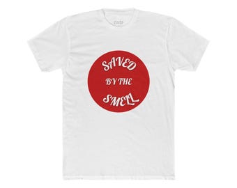 Gerettet durch den Geruch T-Shirt | Roter Kreis-Text, Rückseite QR-Code