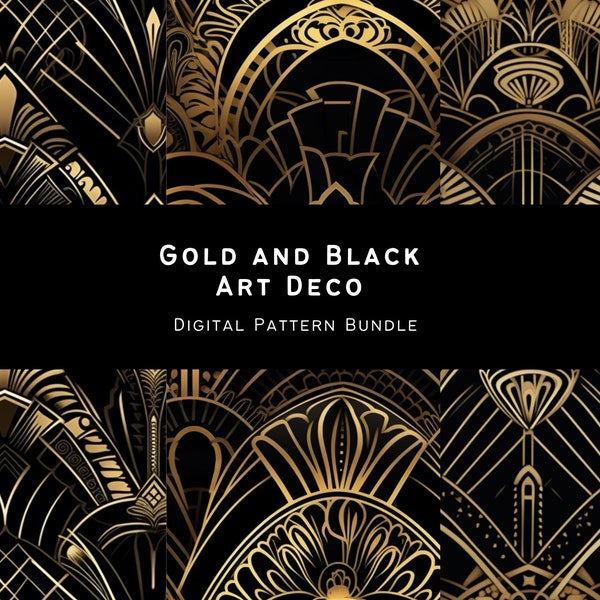 Art Deco Digital Paper, naadloze retro art deco patronen in zwart en goud direct te downloaden