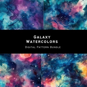 Watercolor Galaxy Digital Paper, seamless night sky backgrounds, digital star patterns, instant download