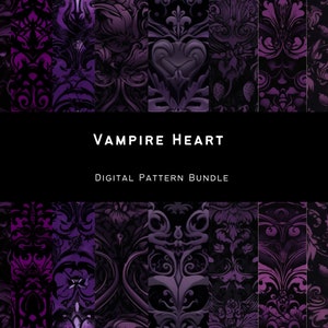 Vampire Heart Digital Paper, Halloween seamless digital pattern gothic black and purple rose scrapbook paper distressed grunge