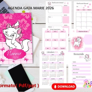 Marie Cat Planner 2026 Undated | Printable A5 Planner | Digital Agenda PDF & PPT | Cute Cat Organizer Instant Download