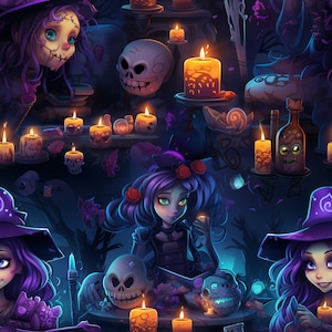 Puede incluir: Una ilustración digital de una escena de Halloween espeluznante con dos brujas que llevan sombreros negros y vestidos morados. Las brujas están rodeadas de velas, calaveras y otras decoraciones espeluznantes.