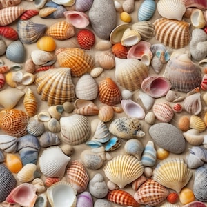 May include: A collection of seashells in various shapes, sizes, and colors, including white, pink, brown, and orange. The shells are arranged on a sandy surface, creating a natural and beachy aesthetic.