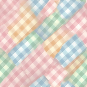 May include: A watercolour pattern with a soft pink gingham background and overlapping rectangular shapes in pastel shades. The rectangles feature gingham patterns in blue, green, orange, and yellow, creating a layered effect.