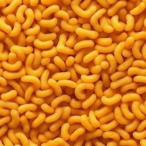 May include: A close-up image of a large pile of orange cheese puffs. The puffs are all different shapes and sizes, and they are arranged in a random pattern.