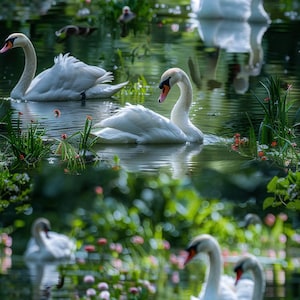 Serene Swans: Digital Seamless Tile Art - Perfect for Backgrounds and Graphic Design - Digital Wallpaper Pattern Download white swans