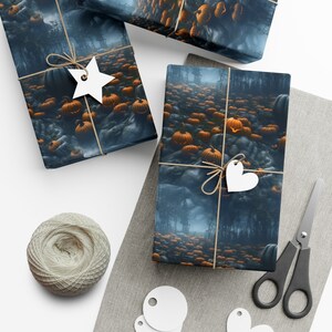 May include: Three gift boxes wrapped in Halloween themed wrapping paper with a spooky forest scene and jack-o-lantern pumpkins. The boxes are tied with twine and decorated with white paper tags in the shapes of a star and heart.