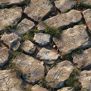 May include: A close-up view of weathered stone slabs featuring engraved symbols, with patches of green grass and small pebbles. The stones vary in size and shape, creating a textured, naturalistic surface. The symbols are carved into the stone.