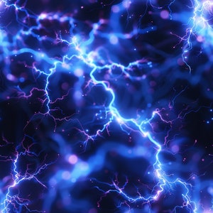 Puede incluir: Arte digital abstracto con un patrón de rayos eléctricos azules y morados sobre un fondo negro.