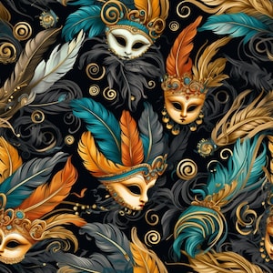 May include: A seamless pattern featuring ornate masquerade masks with gold and teal feathers. The masks have intricate details and are set against a black background with swirling gold accents.