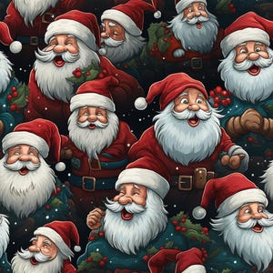 May include: A seamless pattern featuring a repeating design of Santa Claus figures with white beards and red hats. The Santas are depicted in various poses, some with jolly expressions and others with mischievous grins. The background is a dark blue with white snowflakes.