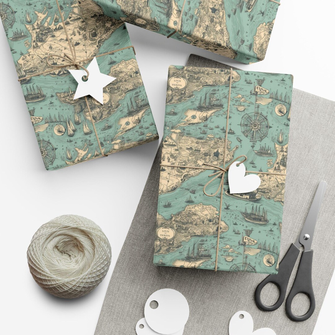Gift Wrapper Repeating Navy Map: Premium Gift Wrap - Decorative Repeating Map Pattern, Matte ...