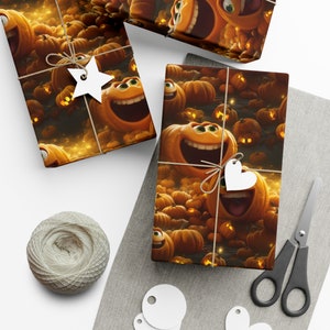 May include: Orange and brown Halloween wrapping paper with a pattern of pumpkins and jack-o'-lanterns. The pumpkins have smiling faces and some have glowing eyes.