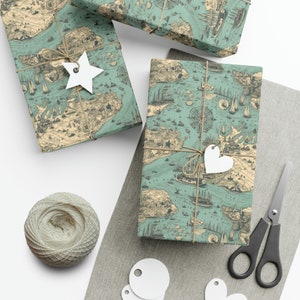 Navy Map: Premium Gift Wrap - Decorative Repeating Map Pattern, Matte/Satin Finish - High Quality Wrapping Paper ocean explorer treasure
