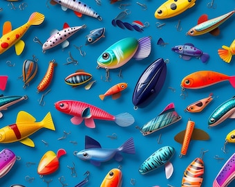May include: A colorful pattern of various fish-shaped lures in different colors and designs. The lures are arranged in a repeating pattern on a blue background.