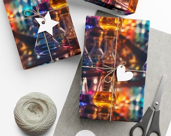 Matraces de química: Papel de regalo premium - Diseño decorativo repetitivo, acabado mate/satinado - Papel de regalo de alta calidad Erlenmeyer science