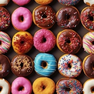 Puede incluir: Surtido de donuts coloridos con diferentes coberturas, incluyendo chispas, chocolate y glaseado. Los donuts están dispuestos en un patrón circular sobre una superficie blanca.