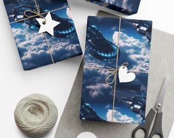 Alien Spaceship: Cadeaupapier, decoratief herhalend patroon, premium hoogwaardig mat satijnen inpakpapier