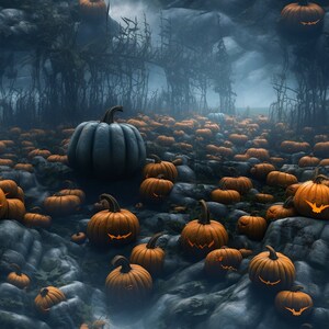 May include: A spooky Halloween scene with a large field of orange pumpkins in a foggy forest. The pumpkins are scattered on the ground and some are carved with scary faces.