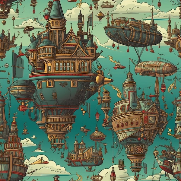 Steampunk Airships: Stunning Seamless Tile Art - Perfect for Backgrounds and Graphic Design - Digital Wallpaper Pattern Download