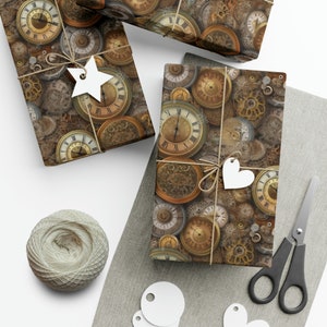 May include: Gift-wrapped packages with a steampunk clock design. The wrapping paper features a repeating pattern of antique clocks and gears in shades of brown, gold, and silver. Each package is tied with twine and a decorative tag. A ball of twine, scissors, and tags are also visible.