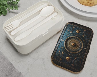 Zodiac Bento Box, with printed Lid, strap with compartments, utensils included