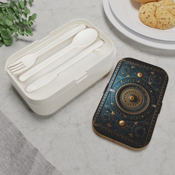 Zodiac Bento Box, with printed Lid, strap with compartments