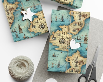 Treasure map v4: Premium Gift Wrap - Decorative Repeating Pattern, Matte/Satin Finish - High Quality Wrapping Paper pirate map compass rose