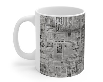 Newspaper Print: 11oz Ceramic Mug, Dishwasher safe, Microwave safe newspaper black and white theme, breakfast paper, morning news