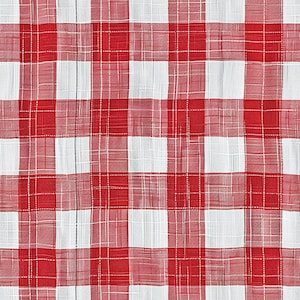 May include: A close-up of a red and white checkered fabric. The pattern is a classic gingham design, with alternating squares of red and white. The fabric has a slightly textured appearance, suggesting it may be cotton or a similar material. The overall look is casual and rustic.