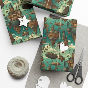 Steampunk Airships: Premium Gift Wrap - Decorative Repeating Pattern, Matte/Satin Finish - High Quality Wrapping Paper floating cities blimp