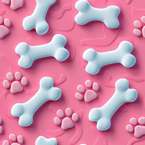 Op de afbeelding: Een roze achtergrond met witte voorwerpen in de vorm van botten en roze poot afdrukken.