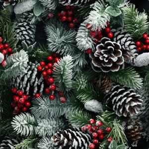 May include: A close-up of a snowy evergreen garland with red berries and pine cones. The garland is ideal for adding a touch of winter cheer to your home decor.