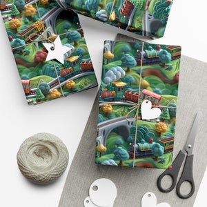Toy Train Express: Premium Gift Wrap - Decorative Repeating Pattern, Matte/Satin Finish - High Quality Wrapping Paper railroad track scenery
