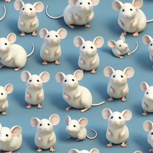 May include: A repeating pattern of white cartoon mice on a light blue background. The mice are facing different directions and have different poses.