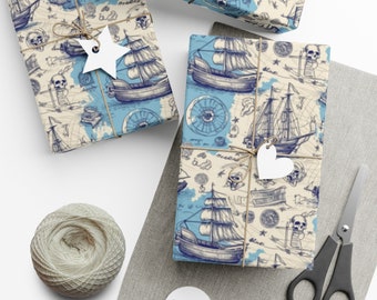 Treasure map v3: Premium Gift Wrap - Decorative Repeating Pattern, Matte/Satin Finish - High Quality Wrapping Paper skull blue water fun
